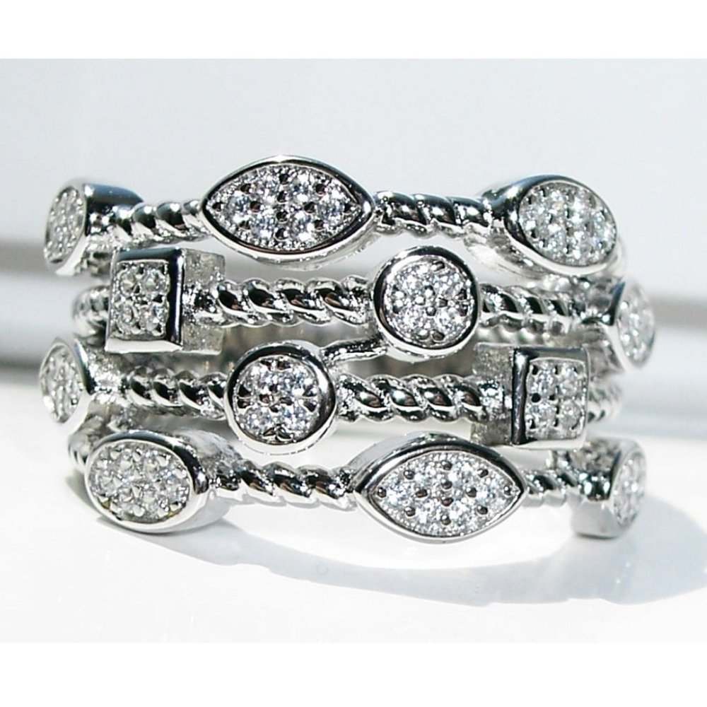 925 STERLING SILVER Unique Multi Shapes Design CZ Band Ring - Picture 2 of 16
